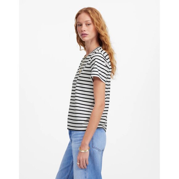 Madewell Womens Medium Perfect Crewneck Tee in Allday Jersey White Striped 133 - Picture 2 of 10